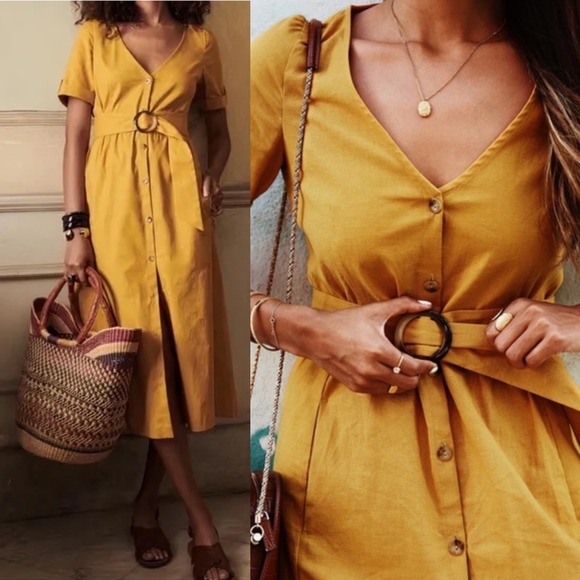 Sezane Linen Marianna Dress Curry Golden Yellow Belted Womens Sz 36 French US 34 - Picture 2 of 16